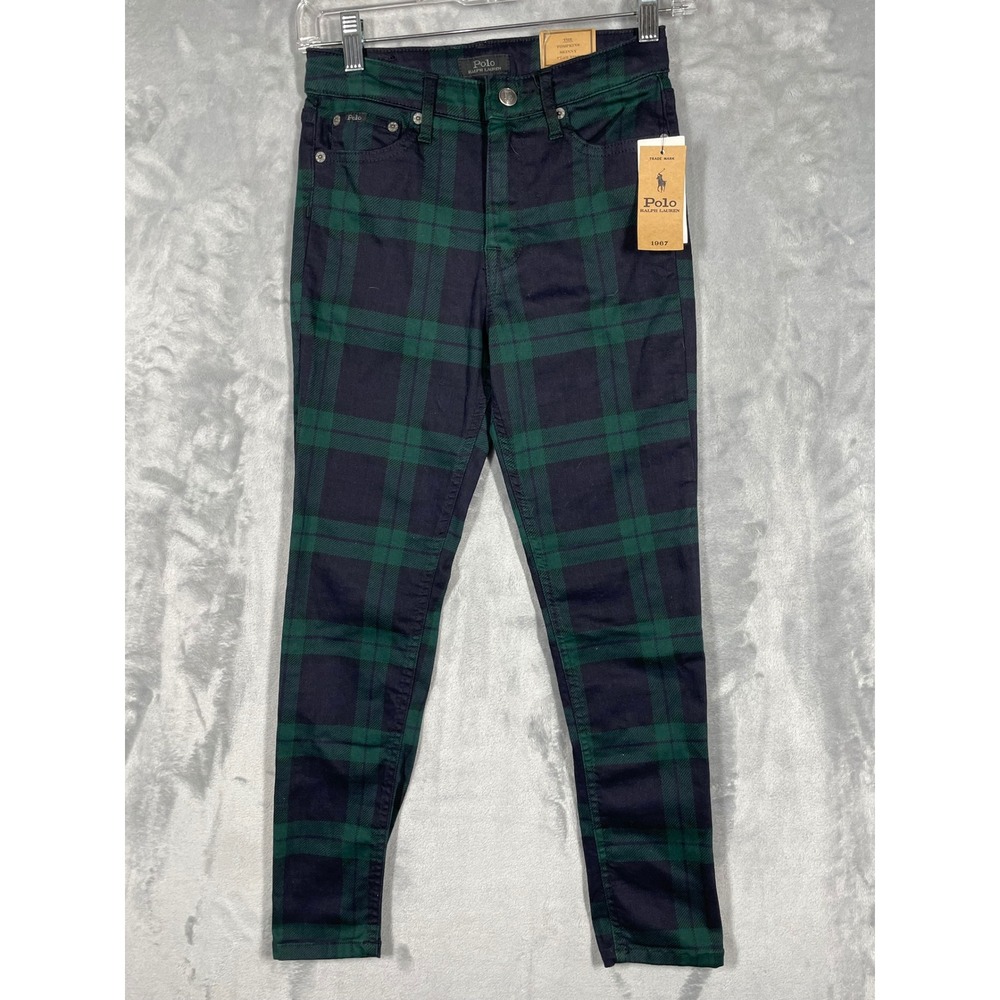 Polo Ralph Lauren Tompkins Skinny High Rise Plaid Pants Green Black Watch 12 NWT